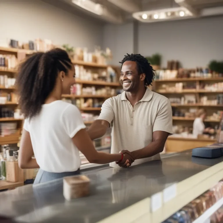 Customer satisfaction handshake at store counter